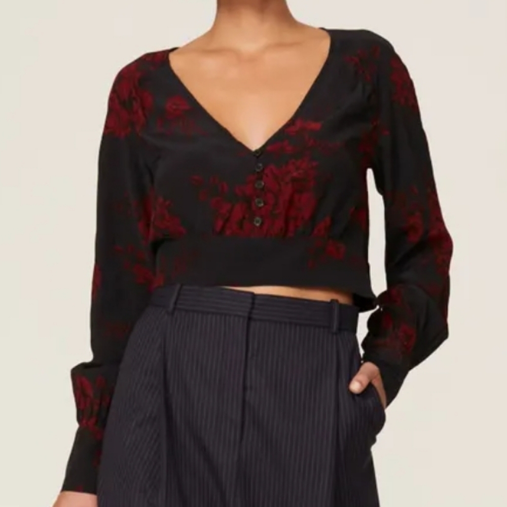 Marissa Webb Black and Burgundy Floral Crop Top